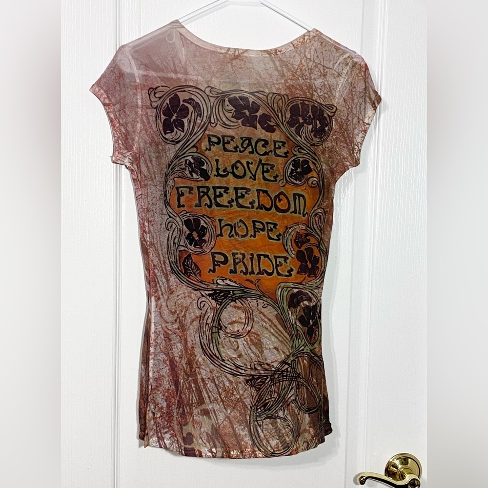 Y2K Guess Crystal Peace Sign Semi Sheer Tee USA MADE Medium - Picture 2 of 5
